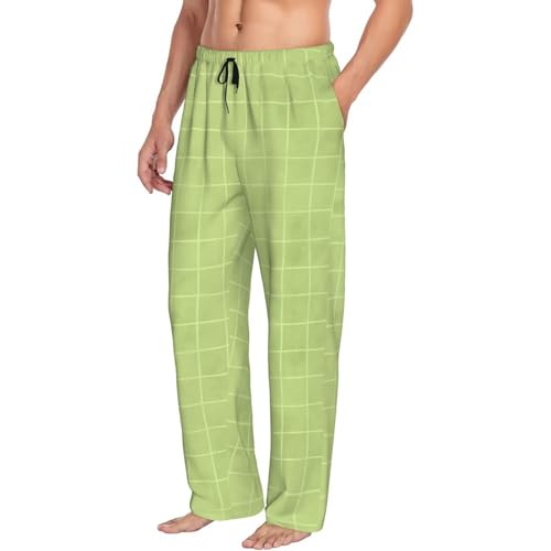 Mens Pajama Pants - Green Brown Hand Drawn Grid Print Soft Sleep Lounge Pants For Men, Casual Pj Bottoms With Pockets