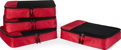 Amazon Essentials 4-Piece Packing Cubes Travel Accessories Set, Luggage Organizer with Double Zipper, Mesh Top, Space-Saving, Medium, Red (Previously Amazon Basics)