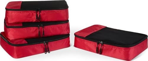 Amazon Essentials 4-Piece Packing Cubes Travel Accessories Set, Luggage Organizer with Double Zipper, Mesh Top, Space-Saving, Medium, Red (Previously Amazon Basics)