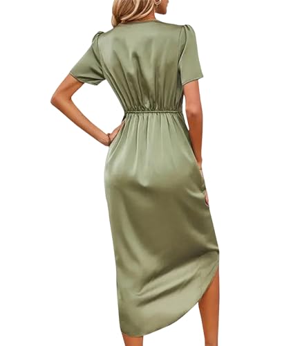 Image of Sexyshine Women's Wrap V Neck Short Sleeve Satin Midi Dress Split Hem Ruched Pleated Formal Evening Party Dresses