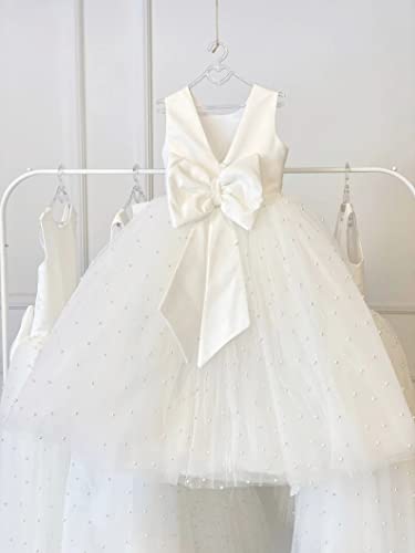 White Flower Girls Dresses Lace Pearl Princess Pageant Dress for Wedding Kids Prom Ball Gowns with Bow-Knot3