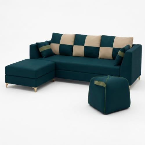 Image of FURNY Signature Cresta 5-Seater L-Shape Sofa Set with Movable Ottoman & Suri Pouf | Flexible LHS /RHS Layout | Boston Fabric | 40D Foam + Zigzag Spring | 3-Yr Warranty (Ocean Teal-Beige)