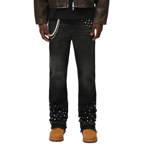 Hulpvktsgiq Men Pearl Jeans Casual High Waist Baggy Straight Leg Denim Pants with Pockets