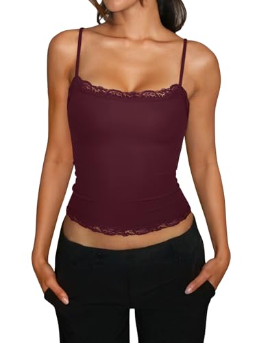 PINKMSTYLE Y2K Lace Trim Square Neck Cami Top for Women Slim Fit Double Lined Adjustable Straps Tank Tops Sexy Y2K 2026 Navy Blue Small — view 3