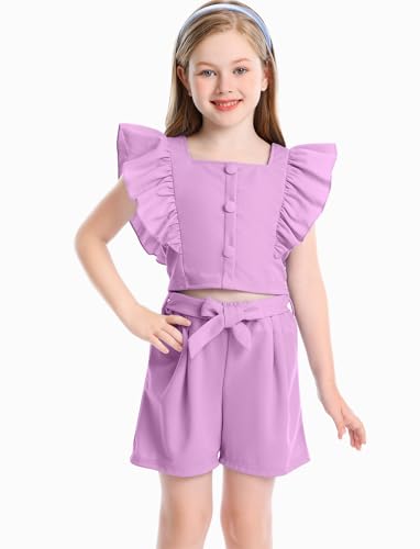 Image of Toddler Girls Two Piece Square Neck with Button Ruffled Sleeveless Top and Bow Tie Waistband Short Sets