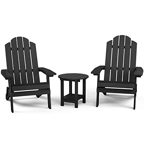 Mximu 3-Piece Folding Plastic Adirondack Chair And Table Set, Fire Pit Seating, Foldable Outdoor Lounger Armchair, Lawn Chairs Furniture For Beach Poolside Balcony Patio Black #TOP15