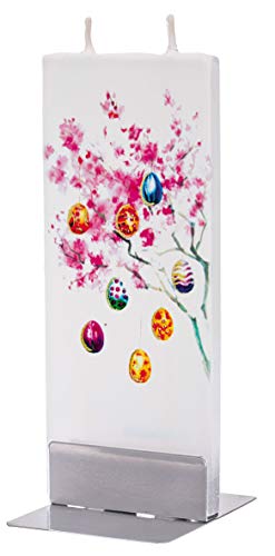 Flatyz Hand Painted Flat Candle| Unscented, Dripless, Smokeless, Decorative | Easter Tree | Double Wick with Metal Base | Unique Gift Idea and Home Décor Accent