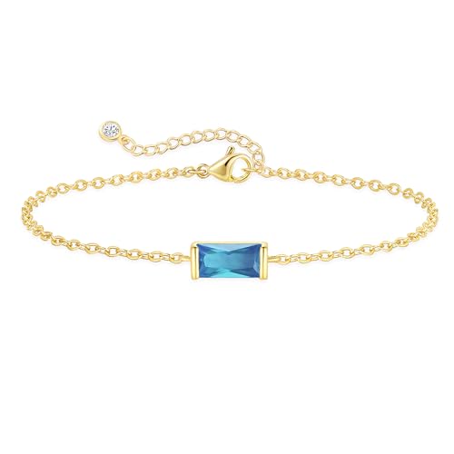 FUNEIA Birthstone Gold Bracelets for Women Non Tarnish Trendy Dainty 14K Gold Plated Bracelet Stack Stackable Blue Green May Emerald Friendship Bracelets Jewelry Gifts for Mom Best Friend, adjustable,