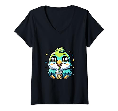 Womens Kawaii Parakeet Drink Boba Tea Anime Neko Bubble Cute Heart V-Neck T-Shirt