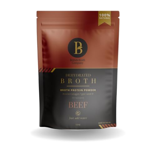 British Broth Dehydrated Beef Broth Powder, 120g (3 litres) - Not Hydrolysed. 100% Natural, Grass Fed Bovine Collagen - Beef Bone Broth for Humans