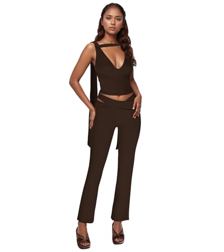 PORRCEY Women Sexy 2 Piece V Neck Crop Top Jumpsuit(X6012,Coffee,XXL)