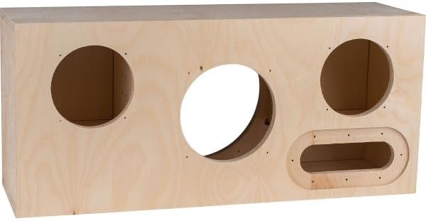 Front view of the unassembled wooden speaker enclosure with cutouts for drivers and control panel