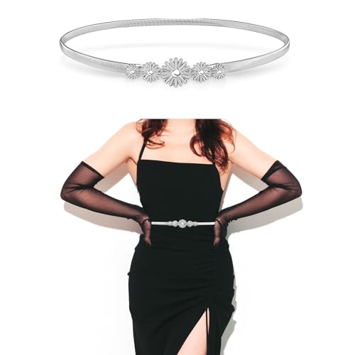 Women Skinny Metal Stretch Belt, Ladies Thin Belts Daisy Buckle Chain Belt Elastic Spring Waist Belt for Dresses Jeans