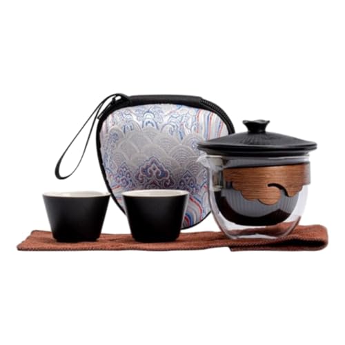 Yajuyi Juego de Té Portátil, Juego de Té, Tetera de Vidrio, Pequeño, 1 Tetera, 2 Mini Tazas, Tetera Y Tazas, Artículos de Té para Senderismo, Inaugu, Negro, Individual