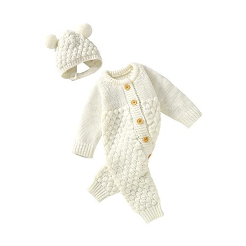 Image of Newborn Infant Baby Boys Girl Knit Romper And Hats Cloth Set Long Sleeve Jumpsuits Hat Sweater Outfit Winter Unisex Solid