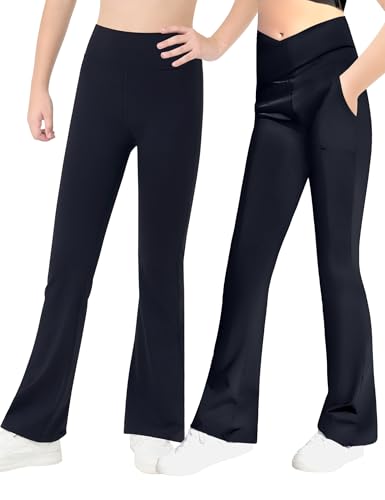 Gnainach Girls Yoga Pants and Crossover Flare Leggings with Pockets Size 9-10 Years Old Solid Black Slim Stretch High Waisted Trousers