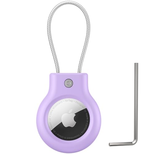 Image of Meliya at Holder for Apple at Secure Holder with Wire Cable, 4 Pack Air Tag Lock Case Keychain Key Ring Key Chain Luggage Tag for Keys, Luggage & More - Purple