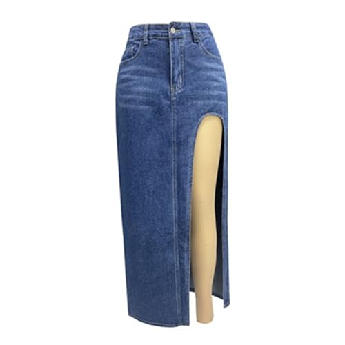 High Waist Long Skirt Button Zipper Denim Women Maxi Side Slit
