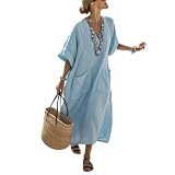 Vestidos Largos Verano Mujer Lino Elegante Kaftan Boho Chic Vestido Suelto Cuello en V Maxikleid Frescos Vacaciones Playa Luftige Ropa Casual Midi Dress Mit Taschen Talla Grande 2026 (4XL,A07)