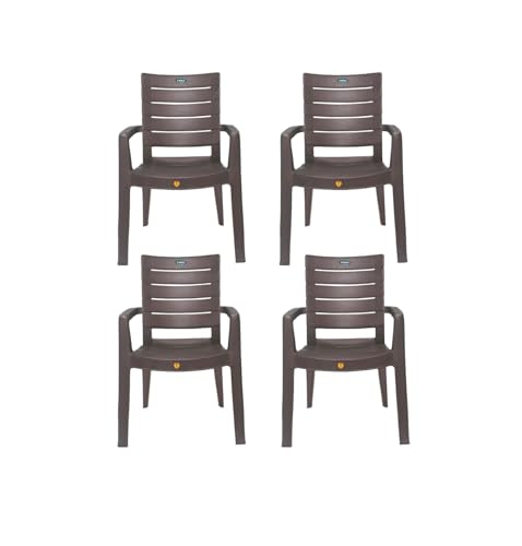 Image of Prima Plastic Chair for Living Room |Set of 4 | Chair for Home, Living Room, Outdoor | Stackable Chair with arm | 100% Virgin Plastic | Rado (Weather Brown Colour)