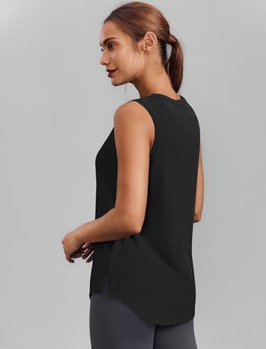 PINSPARK Womens Workout Tank Tops Sun Protection Athletic Tennis Top Crew Neck Running Tops Sleeveless Yoga Muscle Tank Hip Length Gym Shirts Loose Fit, Black Large