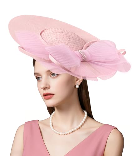 dressfan Wide Brim Fascinator Derby Hats for Women 20s Linen Rhinestones Bow Big Fascinator Hat with Headband for Derby Church Wedding Tea Party M37-Pink