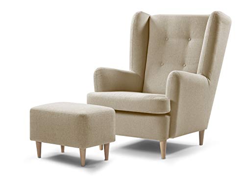 Traumnacht bequemer und moderner Fusshocker mit Holzfüßen in Beige, Öko-Tex zertifiziert, produziert nach deutschem Qualitätsstandard