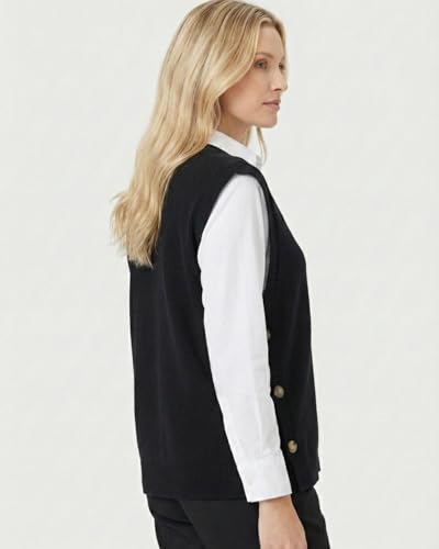 SUNSESS Gilet en tricot pour femme avec col en V, sans manches, bouton latéral, asymétries côtelées, débardeur, Noir , M – vue 5