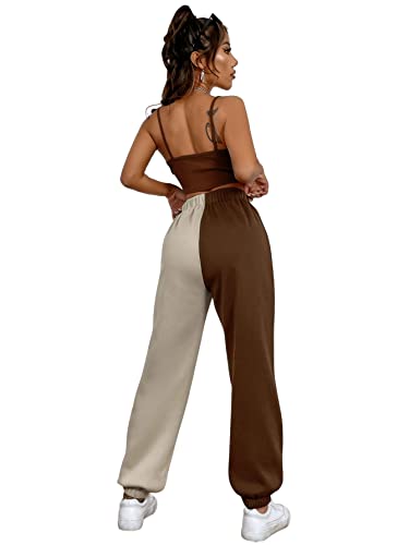 Sweatyrocks Women's Two Piece Outfits For Women Crop Top High Waist Color Block Sweatpants Two Piece Clubwear Sets Brown L #TOP2