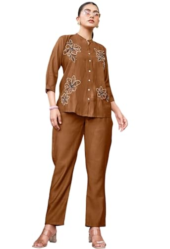 DREAMANGEL FASHION Womens Office Wear Stylish Co-Ords Set embroidery Rayon Blend Matching Outfit Top And Pant set, Brown, Large