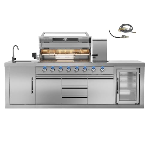 CT Copper Tailor 6-Burner Outdoor Kitchen BBQ Grill Island 99,000 BTUs with Sink, Fridge, Rear Burner, Side Burner, Storage Cabinets & Drawers, Cover, Stainless Steel with Natural Gas Kit)