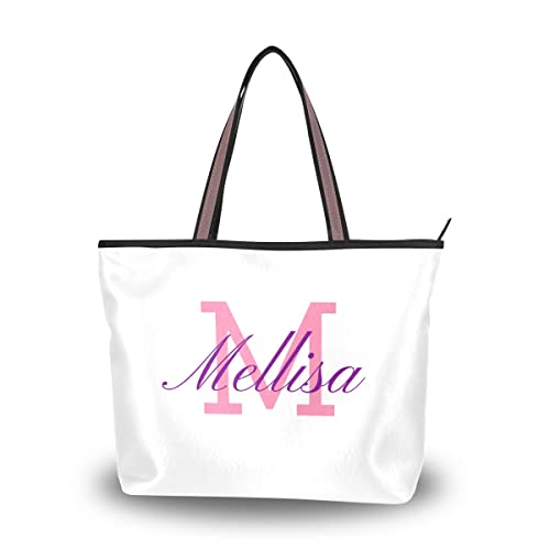 Bolsa de mão feminina personalizada monograma branco e inicial de nome bolsa de mão bolsa de ombro superior alça bolsa para viagens de trabalho diárias, Branco, Large