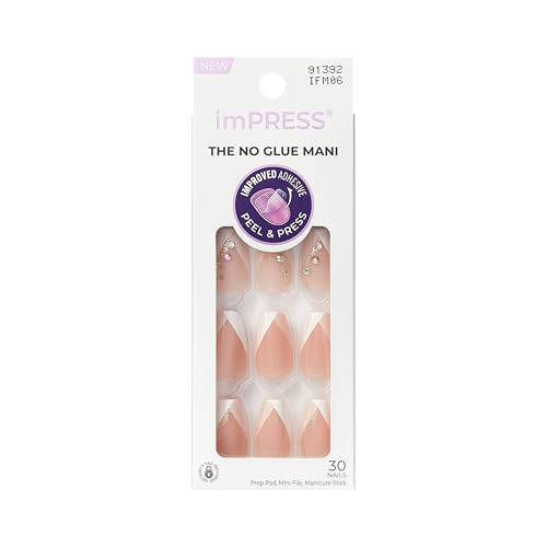 KISS imPRESS No Glue Mani Press On Nails, French, 'Glimpse', White, Medium Size, Coffin Shape, Includes 30 Nails, Prep Pad, Instructions Sheet, 1 Manicure Stick, 1 Mini File