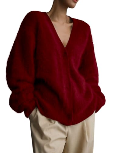 Image of chouyatou Women Furry Open Front Cardigan V-Neck Loose Casual Fluffy Knit Button Down Sweater Coat
