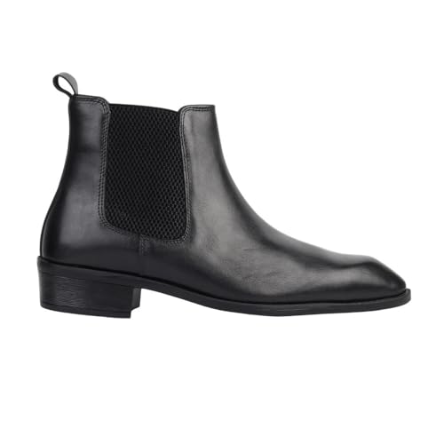 Image of Hayes London Chelsea Boots for Man | Crust Leather Black Ankle Boots | Cuban Heel Pointed Toe Stylish Formal & Casual Boots for Men | Slip-On Elastic Side Panel