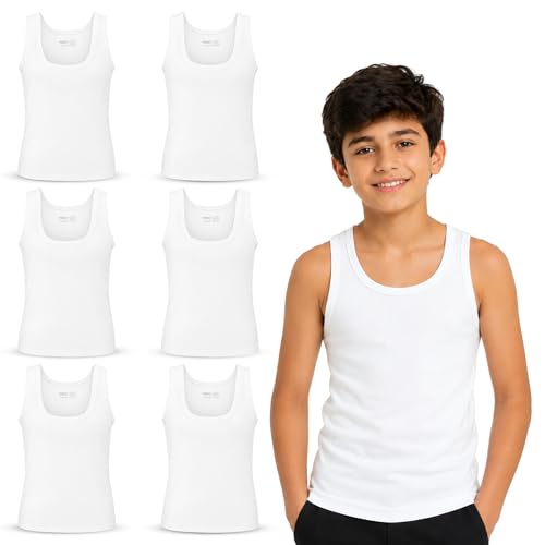UNDEREA 6er Pack Jungen Unterhemden Tank Tops – Klassisch Feinripp aus 100% gekämmter Baumwolle für Schule Sport Alltag