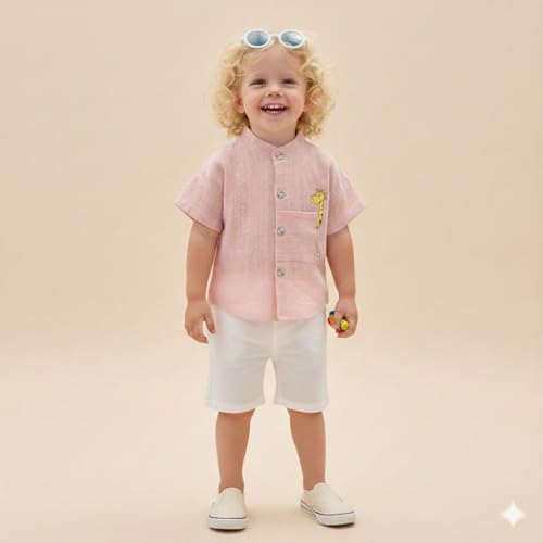 Image of A.T.U.N. (ALL THINGS UBER NICE) Baby Boys 100% Cotton Shirt | Mandarin Collar Half Sleeve Shirt with Cute Printed Design | Button Front Soft Fabric Shirt | Comfortable Stylish Top Wear for Babies