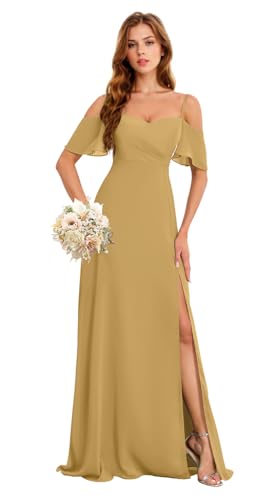 Image of Flowy Chiffon Bridesmaid Dress with Slit Gold Mermaid Long Formal Gown Chiffon Maxi Gown US14 HGR93