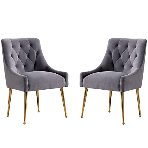 Kinwell Upholstered Dining Chairs Set Of 2, Modern Accent Side Chair With Tufted Back And Pull Handle, Velvet Armchair Desk Chair With Gold Metal Legs For Living Room, Home Office,Vanity (Gray) #TOP4