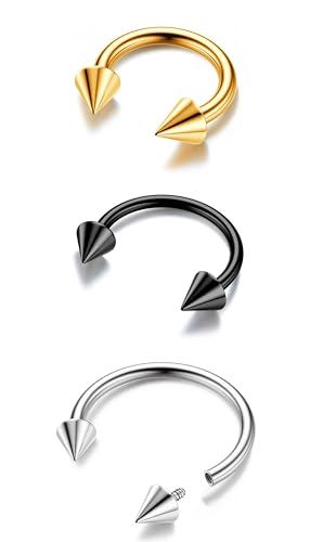BodyBonita G23 Titanium Horseshoe Septum Rings - 2/3pcs Nose Rings Circular Barbell Spikes Septum Jewelry Nose Piercing Jewelry Conch Helix Rook Lip Cartilage Earring Men Gold Plated/Silver/Black
