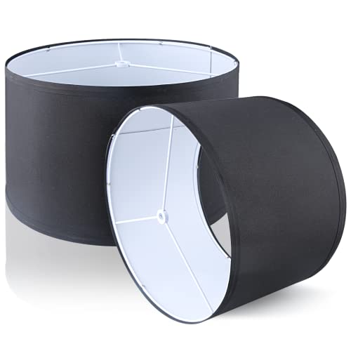 Lamp Shades Set Of 2, Drum Lampshades 12.6" Top X 12.6" Bottom X 8" High, Easy Assembly Replacement Lamp Shades For Table Lamps Floor Lamps Natural Linen Black Lampshades Spider Fitter #TOP5