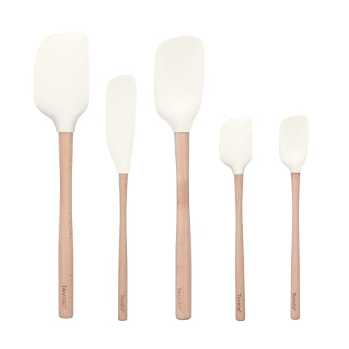 Tovolo Silicone Spatula with Wooden Handle Set of 5 Piece Silicone Kitchen Utensil Set Spoonula Jar Scraper Mini Spatula and Spoonula for Cooking Baking Mixing Folding White Cookware Set