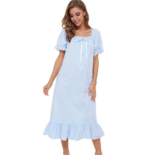 Image of Lu's Chic Women's Victorian Nightgown Cotton Sleepwear Long Loungewear Short Sleeve Soft Nightwear Night Dress Sleep Calf Length Ruffle Nightdress Scoop Neck Lace Solid Blue X-Large