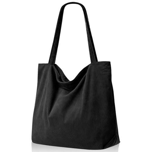 RAINFLOW Bolsa de veludo cotelê de lona com zíper, 3 bolsos internos, bolsa casual para laptop de grande capacidade para trabalho, viagem, escola, compras, praia, encontro