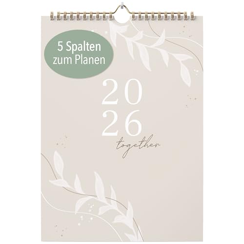KIND OF HAZEL® Familienplaner 2026 DIN A3 Wandkalender für die ganze Familie 5 Spalten mit Feiertagen und Schulferien Sprüche für jeden Monat Ringbindung 13 Kalenderblätter Beige