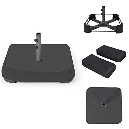 TANGZON Fillable Umbrella Base, Heavy Duty Square Umbrella Stand Holder with 2 Sandbags & Dust-proof Cover, Sand & Soil Weighted Patio Umbrella Base Weight