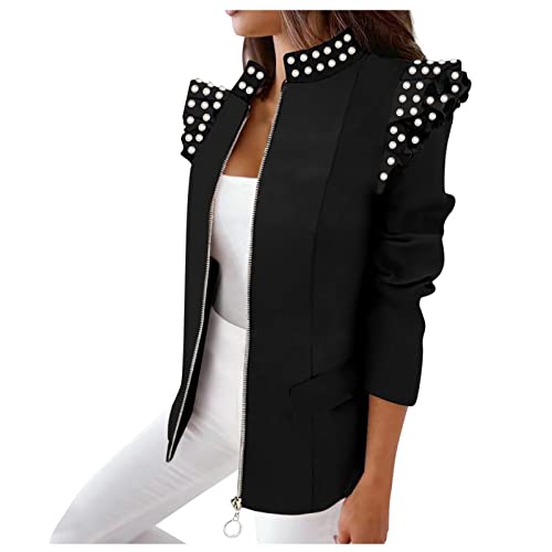 ZLYJ Cardigan Femmes Manches longues Blouson col Revers Ouverte Cardigan Femme Casual Zip Gala Mince Cintré Imprimé Doux Business Noir
