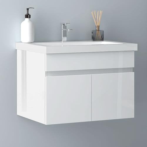 Biubiubath Badezimmer Badmöbel 60cm Mineralguss Waschtisch mit Unterschrank Hängeschrank Hochglanz Weiß Badezimmerschränke Badschrank mit 2 Soft-Close Türen