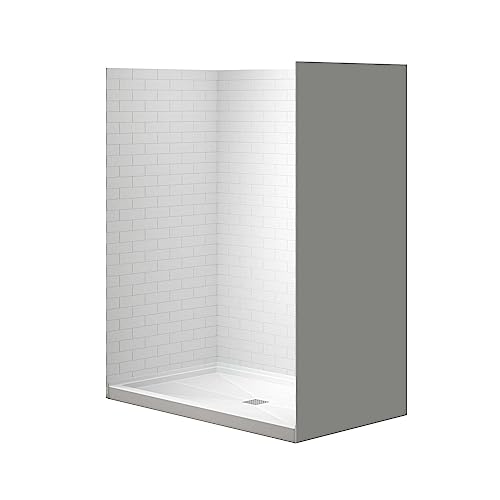 WOODBRIDGE 60 in. L x 32 in. W x 75 in. H Alcove Solid Surface Shower Combo Kits with Glue Up Shower Walls in Glossy White and Single Threshold Shower Base in White with Center Drain by WOODBRIDGE - Used condition - Image 3