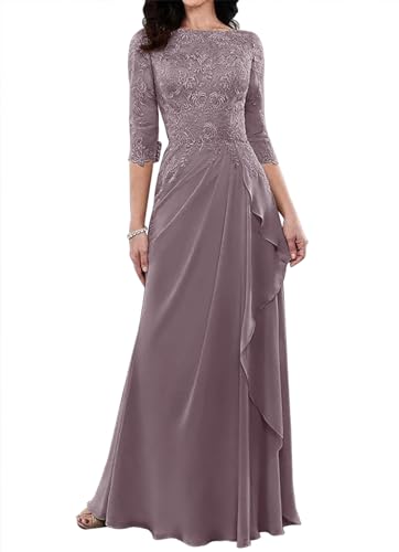 Mother of The Bride Dresses for Wedding 3/4 Sleeve Lace Applique Ruffles Evening Formal Dresses